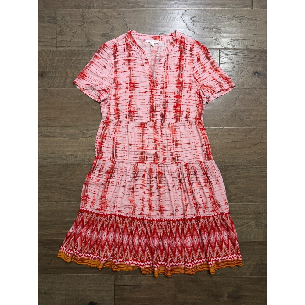 Beachlunchlounge Pink Red Tie Dye Tiered Mini Dress Womens Small Boho V-Neck